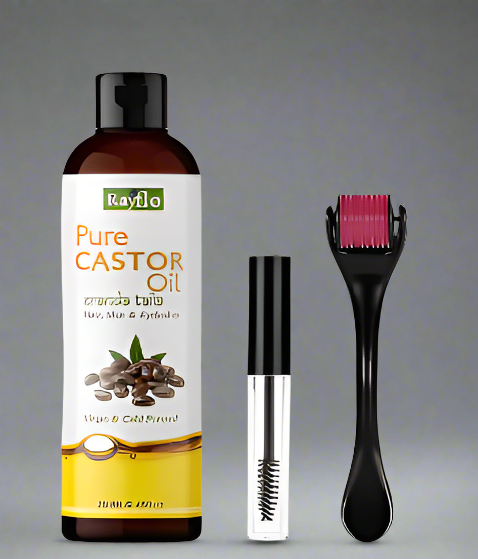 Rayflo Cold Pressed Castor Oil with Derma Roller and Mascara Tube -100% Organic- for Hair Growth | Skin | Nails | Eyelash and Eyebrow. (250 ml)