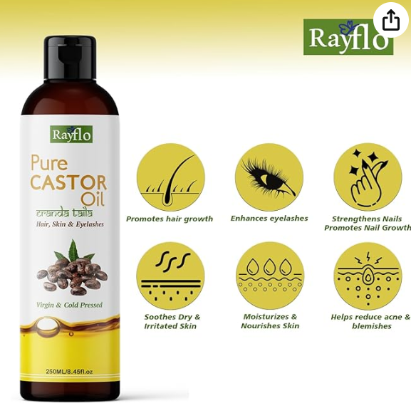 Rayflo Cold Pressed Castor Oil with Derma Roller and Mascara Tube -100% Organic- for Hair Growth | Skin | Nails | Eyelash and Eyebrow. (250 ml)