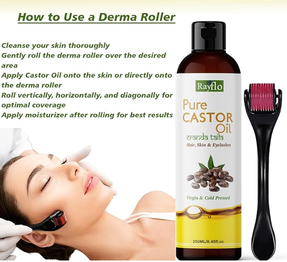 Rayflo Cold Pressed Castor Oil with Derma Roller and Mascara Tube -100% Organic- for Hair Growth | Skin | Nails | Eyelash and Eyebrow. (250 ml)